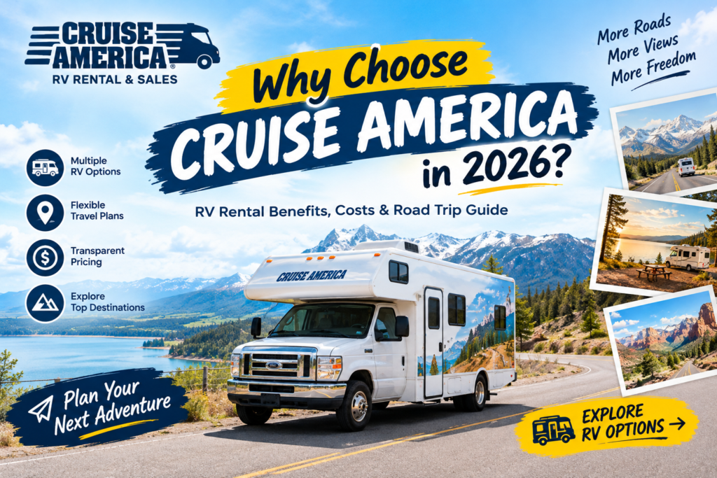 Why Choose Cruise America in 2026? RV Rental Benefits, Costs & Road Trip Guide Cruise America RV rental 2026 featuring motorhome road trips, scenic mountain destinations, camping, and travel benefits