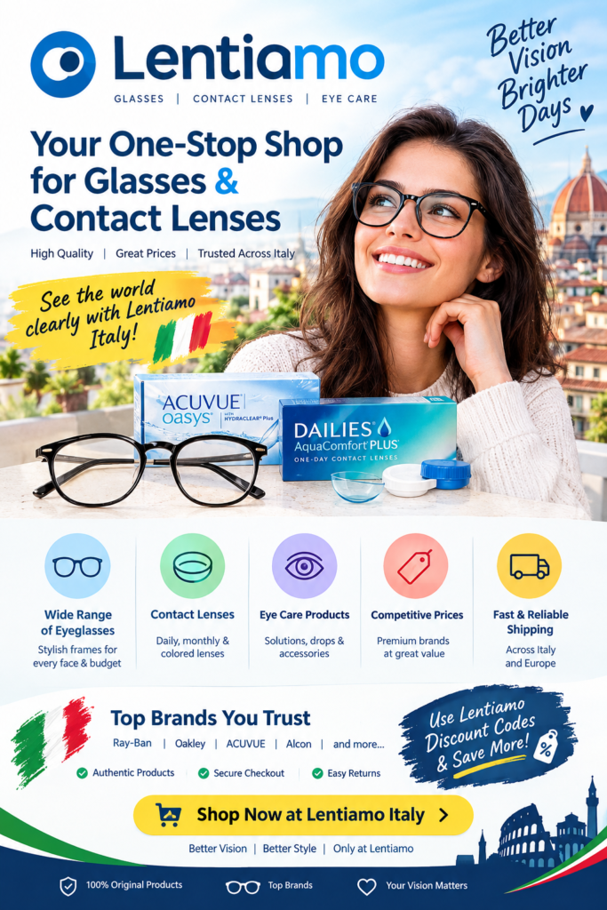 Lentiamo Italy Review: Buy Contact Lenses Online, Glasses & Discount Codes Lentiamo Italy promotional poster featuring eyeglasses, contact lenses, eye care products, and online shopping offers