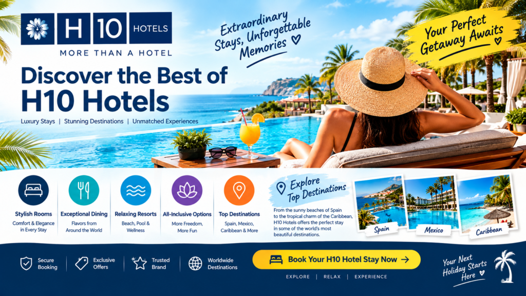 H10 Hotels Review: Spain Resorts, Deals & Booking Guide 2026 H10 Hotels promotional banner featuring a luxury seaside resort, infinity pool, tropical destinations, and hotel booking offers
